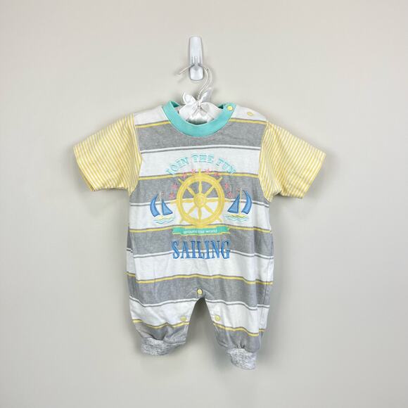 Vintage Doe Spun Striped Sailing Shortall Romper 3-6 Months - Picture 1 of 8